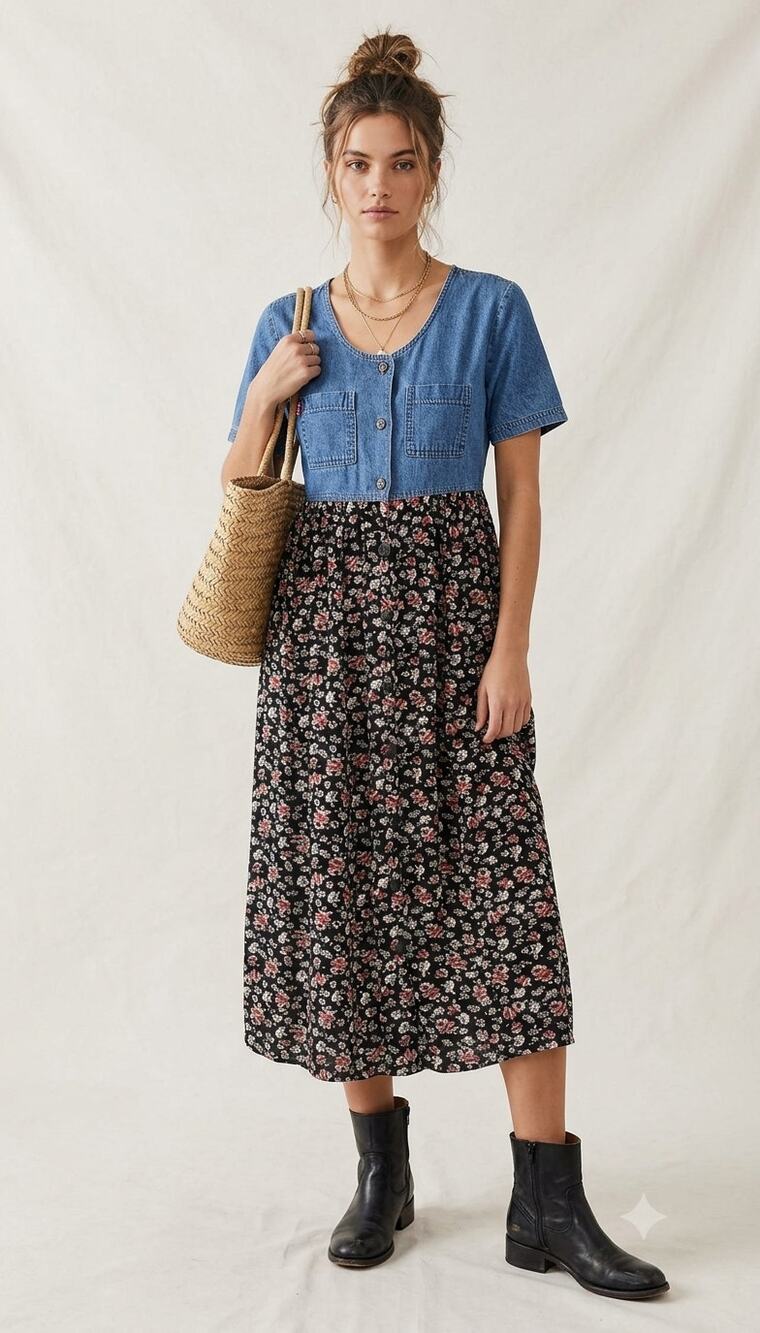 VTG 90s No Boundaries Button Down Floral + Denim Babydoll Dress M Grunge Cottage - Picture 1 of 11